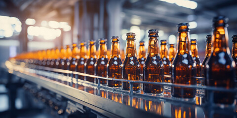 Production line filled with rows of beer bottles