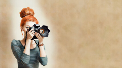 Retrato en acuarela sobre lienzo de una hermosa joven fotógrafa pelirroja con una cámara réflex - obrazy, fototapety, plakaty