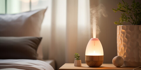 Fototapeta premium An aroma diffuser and a humidifier placed on a bed in a room