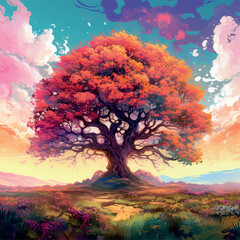 illustration colorful flowers and a big oak tree