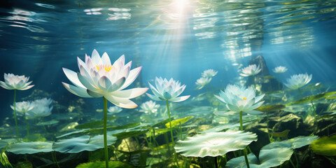 Fototapeta na wymiar Sunlit lotus flowers submerged beneath the water