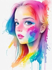 a watercolor portrait of a colorful girl on a white background. 