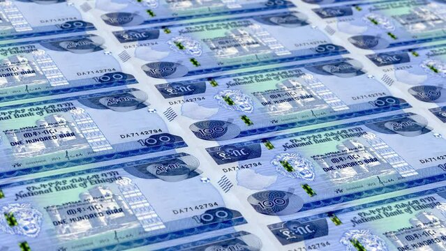 Ethiopia Ethiopian Birr 100 Banknotes Money Printing House, Printing One Hundred Ethiopian Birr, Printing Press Machine Print out Ethiopian Birr, Being printed by currency press machine 100