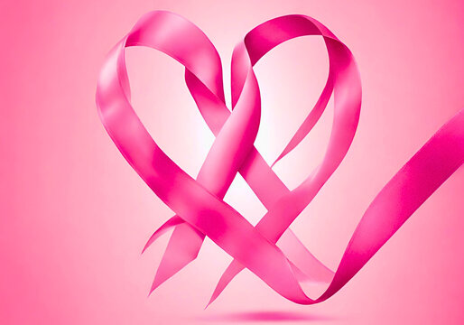 Pink Ribbon and Heart on Pink Background As Symbol of Female Breast Disease, Breast Disease Awareness Symbol, Symbolic Image for Breast Cancer Awareness Month