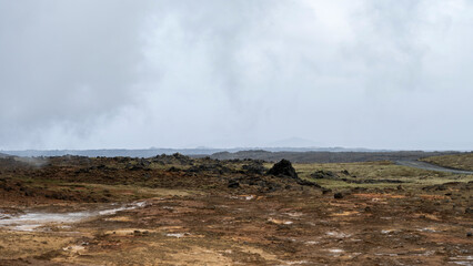 Landscape on reykjanes peninsula on iceland near the gunnuhver hot spring, blue lagoon and svartsengi power plant