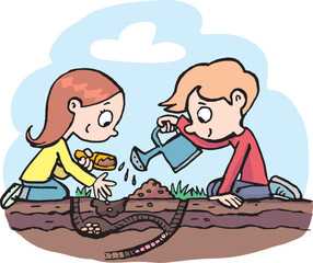 girl and a boy plant seeds in a hole in the ground