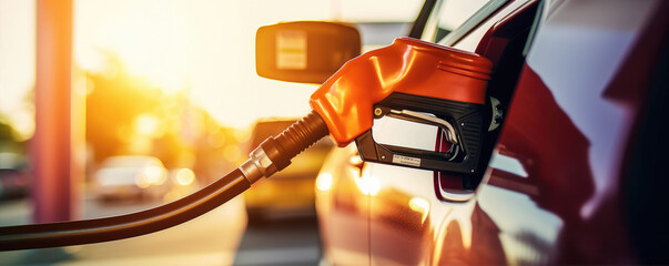 Close-up photo of a car filling up with gas at a gas station, refueling