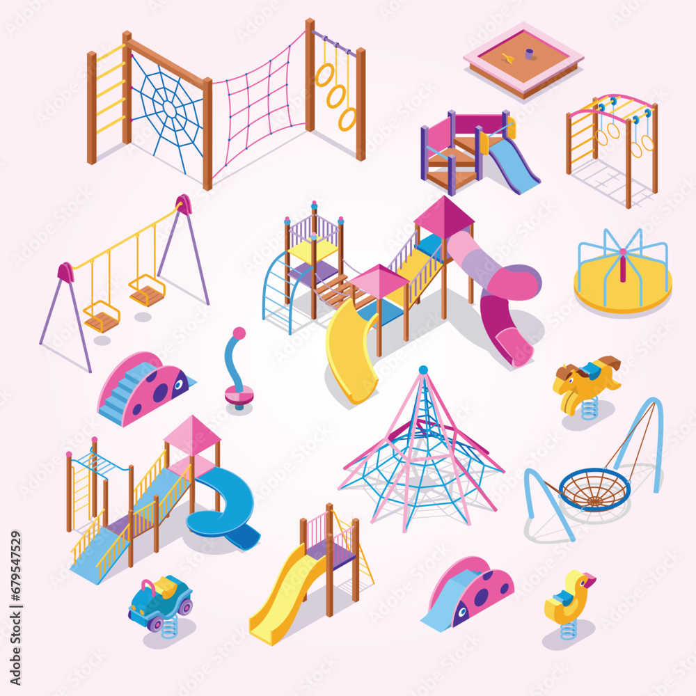 Wall mural set isometric playground icons with images colourful play equipment with shadows blank background ve