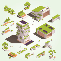 urban city green spaces eco design isometric icon set with trees houses flowerbeds benches vector illustration 3d - obrazy, fototapety, plakaty