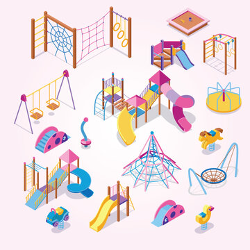 set isometric playground icons with images colourful play equipment with shadows blank background vector illustration