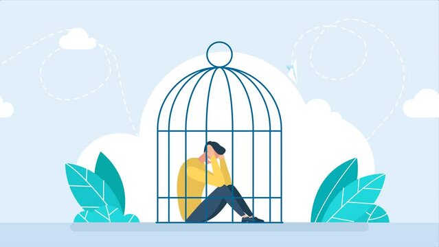 The tiny businessman is sitting in a birdcage. Lockdown. Sad man locked in a cage. A businessman needs psychological help. Man in depression and despair, domestic violence. 2d flat animation	
