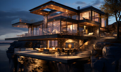 Obraz premium Exterior of a modern glass and wood house on a mountain overlooking the sea generated AI