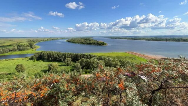 Picturesque view of the Kama River from the observation deck at the Yelabuga settlement. The movement of clouds over the river. Lower Kama National Park. Yelabuga, Republic of Tatarstan, Russia, 4K