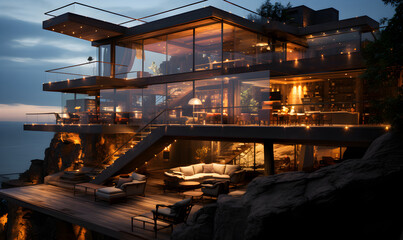 Exterior of a modern glass and wood house on a mountain overlooking the sea generated AI