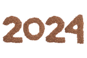 Calendar header number 2024 made from buckwheat on a white background. Happy New Year 2024 colorful background.