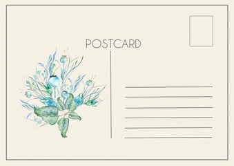 Floral vintage bouquet of delicate flowers and buds, watercolor flowers, color illustration written in watercolors, greeting card, invitation to a holiday or event, postcard