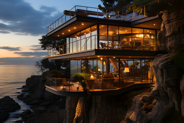 Obraz premium Exterior of a modern glass and wood house on a mountain overlooking the sea generated AI