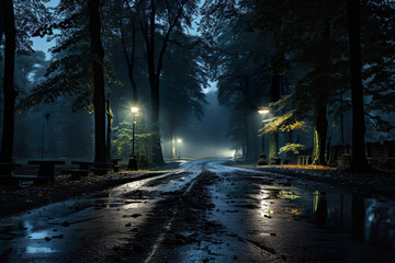 Obraz premium Muddy Road in the Woods at Night. Generative Ai