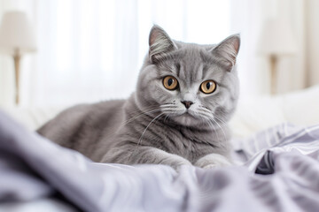 Fluffy grey cat relaxing on a bed 