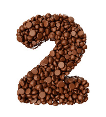 Digit 2 made of chocolate Chips Chocolate Pieces Alphabet Letter 2 3d illustration