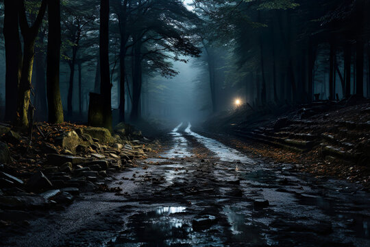 Muddy Road in the Woods at Night. Generative Ai