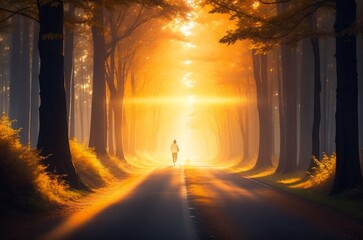 artwork that portrays a serene forest road under the ethereal glow of sunset sunbeams.