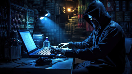 Hacker in hood without a face at laptop. Hacks dark background. Internet scammer or thief. Darknet. Cyber attack.