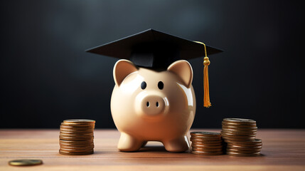 Piggy bank with a black graduation hat with coins as educational loan symbol - obrazy, fototapety, plakaty