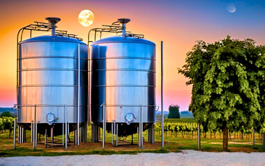 Obraz premium storage tanks, Massive Storage Tanks in Landscape, Industrial Storage Infrastructure
