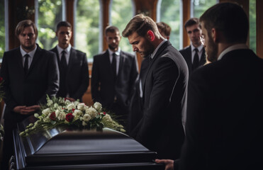 Death, funeral and family touching coffin in a church, sad and unhappy while gathering to say farewell. Church service casket and sad man and woman looking upset while greeting, goodbye and rip - Powered by Adobe