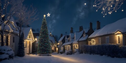 Christmas trees decorative lane in the small village, decorative lights, stars, bubbles shops, star lights bokeh background