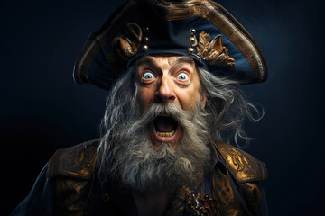 portrait of an angry old pirate captain in a hat on a black background