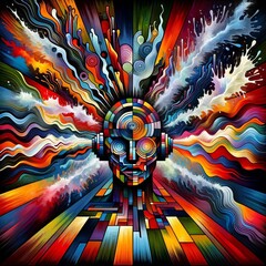 Colorful Explosion Originating from an Abstract, Robotic Human Head - obrazy, fototapety, plakaty