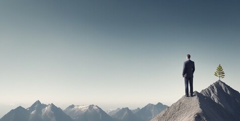 Obraz premium Smart businessman professional for success invest business standing on top of mountain