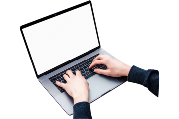 Mockup image of woman using and typing laptop computer with blank white desktop screen working at home.