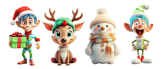 Elf, deer, snowman, set of Christmas cartoon characters isolated cutout on transparent background
