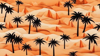 Origami pattern with palm trees in desert.