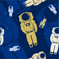 Editable Flat Monochrome Astronaut on Space Vector Illustration with Various Colors of Stars on Sky as Seamless Pattern for Creating Background of Space Science Related Design