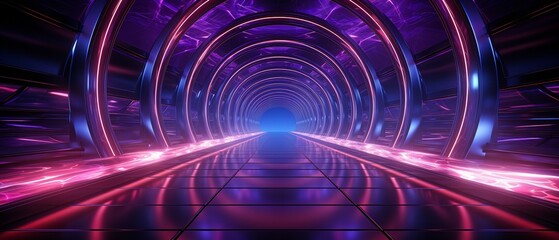 3D render with a tunnel bend and an abstract panoramic background. UV-luminous neon beams and lines that are bright purple pink..