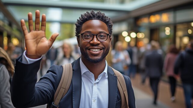 photo of an exceptionally attractive black and Dominican man wearing a white shirt and navy blue suit without a tie, with stunning brown eyes and a radiant smile.