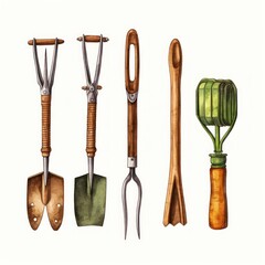 Set of garden tools watercolor elements on a white background