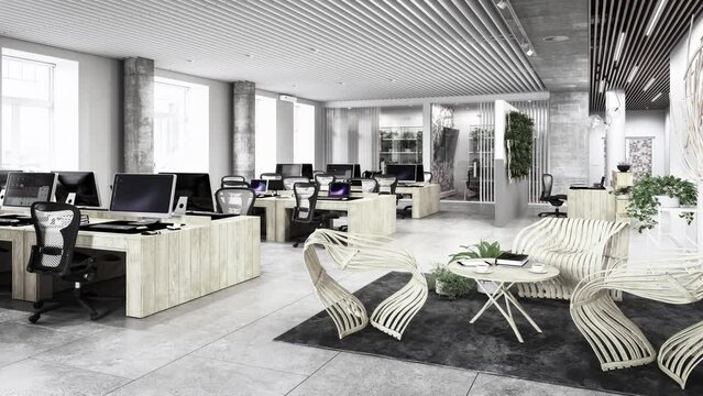 Open and transparent office architecture with meeting area in modern, wood design - loop-able 3D visualization