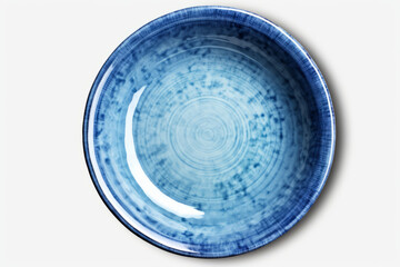 Empty blue ceramic pottery plate isolated on white background