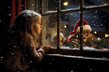 Little girl sitting in the window on Christmas night, waiting for Santa. - obrazy, fototapety, plakaty