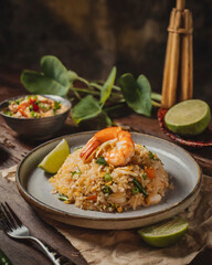 Shrimp fried rice,thai food, photography close up shot in studio