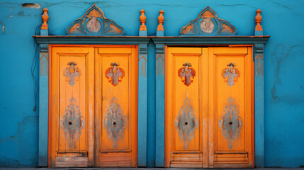 Wall in the colors of Ukraine orange and blue 