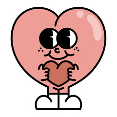 pink heart hug heart smiley face groovy retro vintage Happy valentine's day doodle y2k hippie mascot cartoon