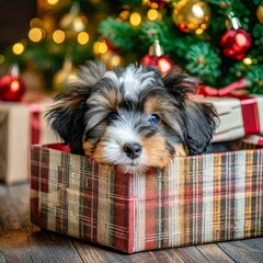 A puppy going out of the gift box placed under the Christmas tree