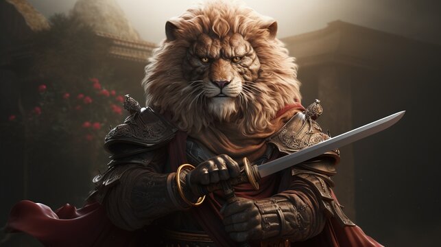 A playful and imaginative scene featuring a ninja lion skillfully holding a sword, ready for adventure and stealthy maneuvers.