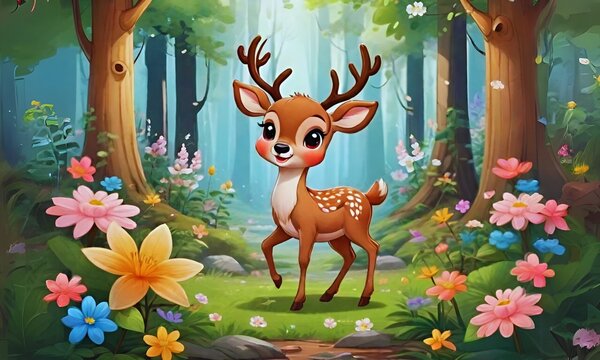 Cute baby deer in the fairy land forest full of mushrooms and flora, AI generative images, Cute animal wallpaper